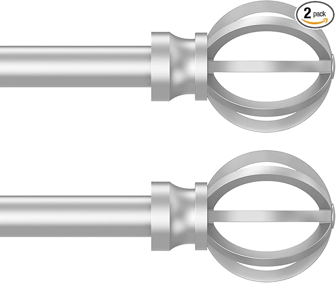 Silver Curtain Rods for Windows 48 to 84, 2 Pack 5/8 Inch Black Heavy Duty Metal Curtain Rods Set - Rustic Decorative Drapery Rods with Brackets for Farmhouse, Bedroom