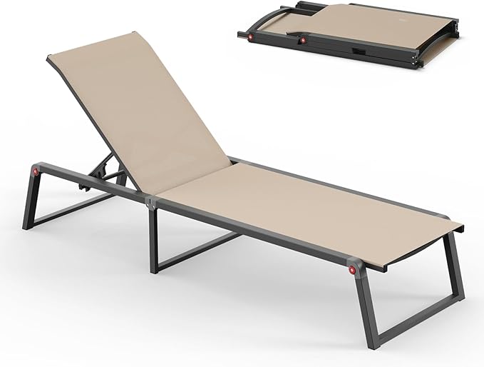 Aluminum Chaise Lounge Chair Outdoor, Foldable & No Assembly Patio Pool Lounge Chairs 5-Position Recliner for Outside Poolside, Fully Grounded Legs Sun Lounger for Beach, Yard, Khaki