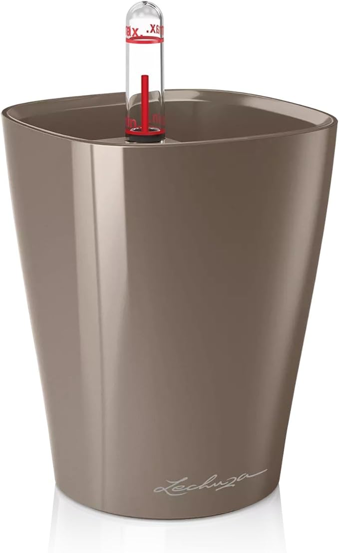 Lechuza MINI-DELTINI Shiny Taupe High Gloss, Self-Watering Small Indoor Planter, H5.1 L3.9 W3.9 in