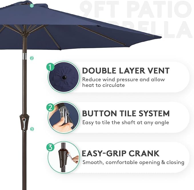 JEAREY 9FT Outdoor Patio Umbrella Outdoor Table Umbrella with Push Button Tilt and Crank, Market Umbrella 8 Sturdy Ribs UV Protection Waterproof for Garden, Deck, Backyard, Pool (Purplish Blue)