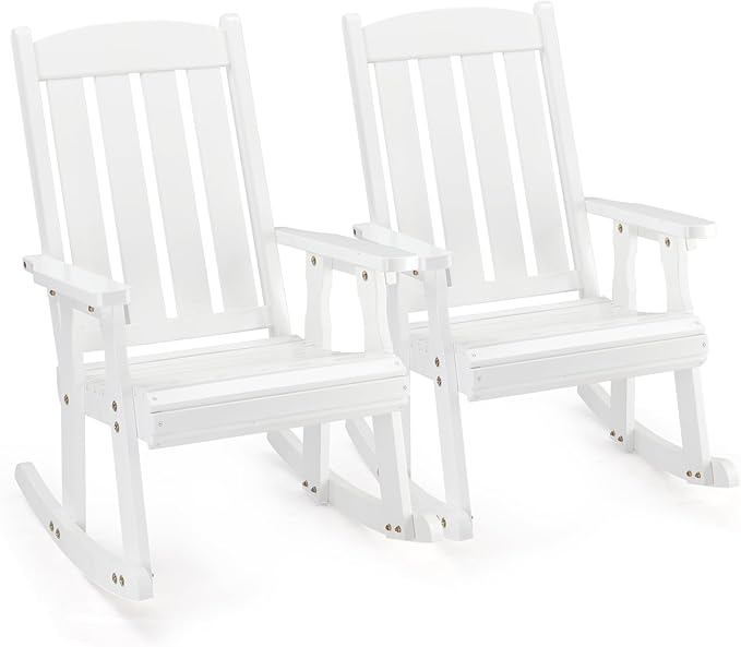 VINGLI Outdoor Rocking Chair Set of 2, Heavy Duty 600 LBS Wooden Rocking Chair with Comfortable Backrest, Weatherproof Rocker with Ergonomic Design, Suit for Patio, Garden, Yard, White