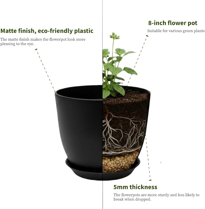 Plant Pots 8 Inch Set of 6, Flower Pots with Drainage Holes and Saucer, Plastic Garden Planters for Indoor & Outdoor Plants (Black)