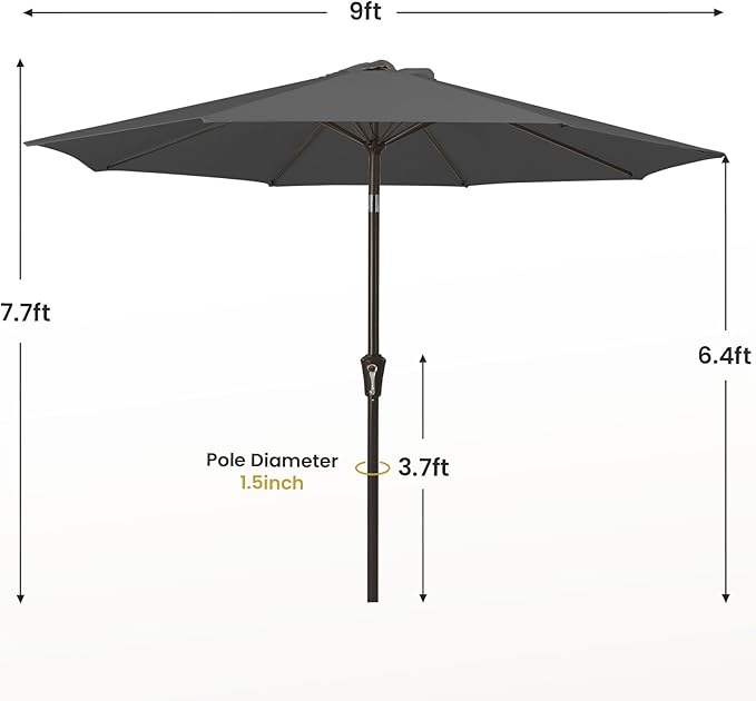 MEWAY 9ft Patio Umbrella Outdoor Table Umbrellas with Push Button Tilt and Crank, Market Umbrella 8 Sturdy Ribs for Deck, Garden, Pool and Backyard, Gray