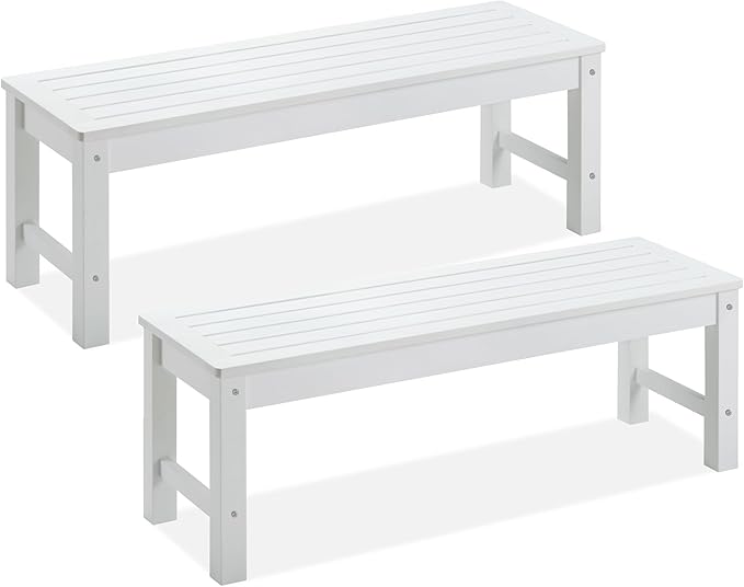 Psilvam Outdoor Bench, Two Person Poly Lumber Porch Bench, Weatherproof Garden Bench That Never Rot and Fade, Patio Bench Suit for Garden, Porch, and Park (2 pcs, White)