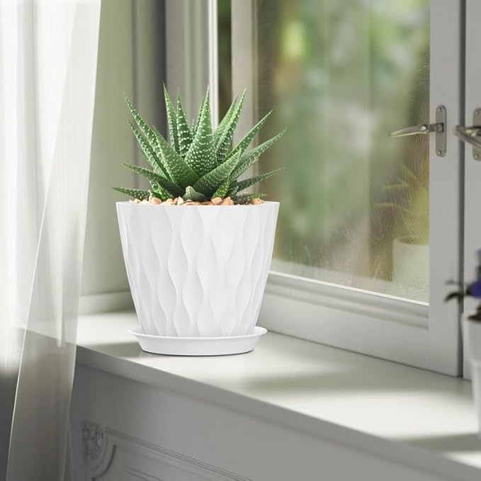 7 Inch Plant Pots 5 Pack, Flower Planters with Drainage Holes and Trays,Plastic Pots for Indoor Outdoor Plants,White