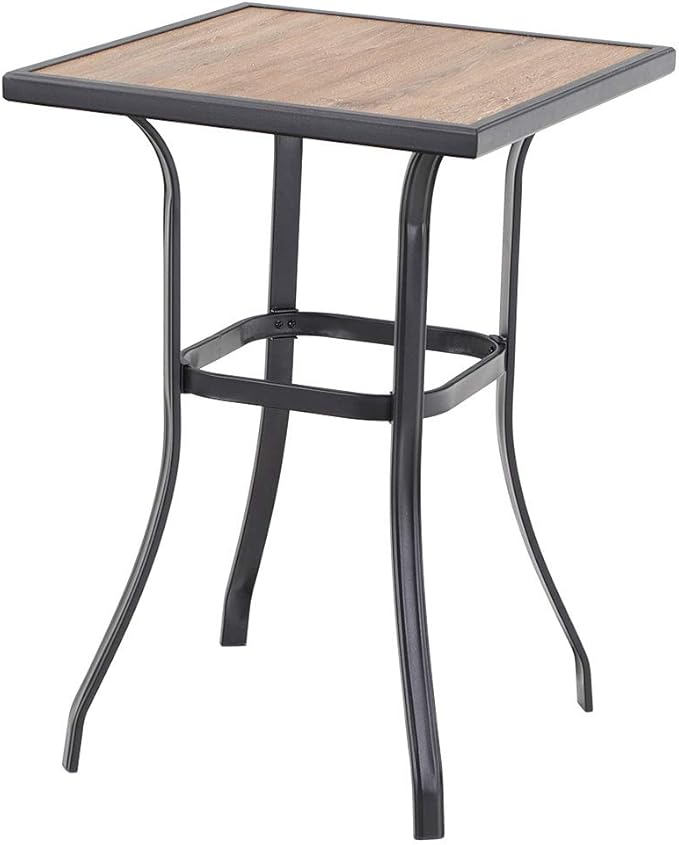 PHI VILLA Patio Bar Table, Outdoor Bar Height Bistro Table with Wooden-Like Table Top & Metal Frame, Brown