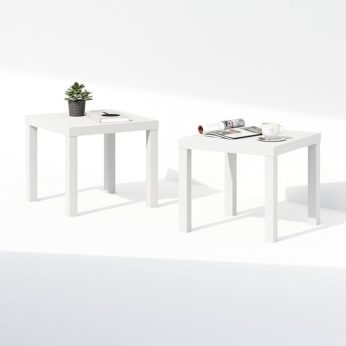Furinno Classic Coffee Table Set of 2, Square Modern Coffee Table with Triple Thick Tabletop, Side Table with 4 Legs, for Living Room, Bedroom, Home Office, White
