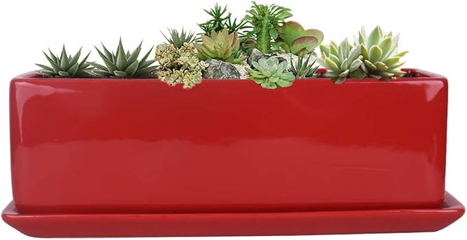 Vencer 14 Inch Rectangular Modern Minimalist Ceramic Succulent Planter Pot - Window Box with Saucer,Office Desktop Potted Stand,Red,VF-0173R