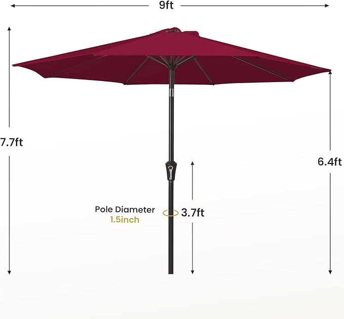 MEWAY 9ft Patio Umbrella Outdoor Table Umbrellas with Push Button Tilt and Crank, Market Umbrella 8 Sturdy Ribs for Deck, Garden, Pool and Backyard, Dark Red