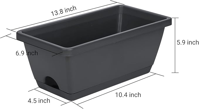 GREANER Rectangular Window Boxes with Trays, 3 Packs Modern Vegetable Planters, 13.8Inch Plastic Flower Boxes Container for Windowsill, Patio, Garden, Balcony, Porch, Indoor and Outdoor Use, Black