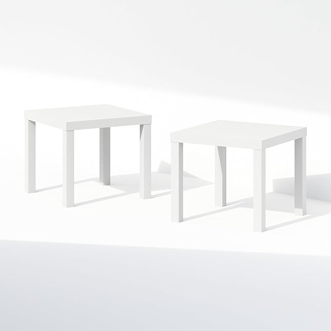 Furinno Classic Coffee Table Set of 2, Square Modern Coffee Table with Triple Thick Tabletop, Side Table with 4 Legs, for Living Room, Bedroom, Home Office, White