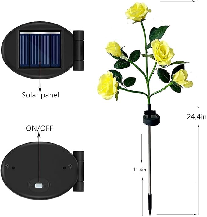 GONIMY Outdoor Realistic Solar Powered Rose Flower Lights Stake,2 Pack 10 Rose Solar Garden Decorative Waterproof Lights for Backyard Patio Pathway Xmas Decoration-Yellow