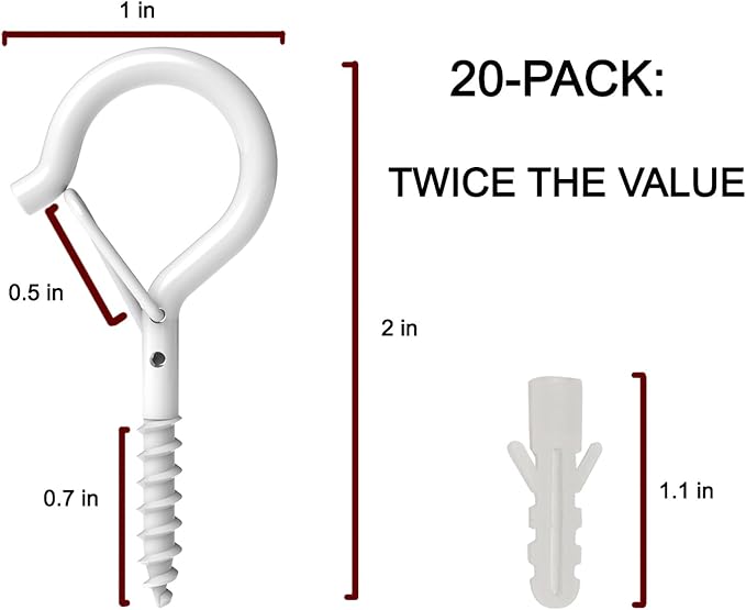 20 Pack Q Hanger Hooks with Safety Buckle, Rustproof Screw Hooks for Hanging String Lights, Bird Feeder, Plants, Wind Chimes & Holiday Decorations, Holds Up to 40 lbs（2.2" White Vinyl Coated ）