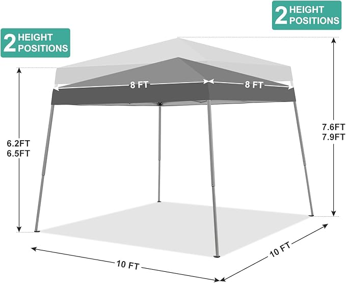 Canopy Tent, 10X10 FT Pop Up Canopy Outdoor Instant Tent Slant Legs with Carrying Bag, Portable Gazebo Shelter for Patio Deck Garden and Beach - 8X8 FT Canopy Cover (Dark Grey)