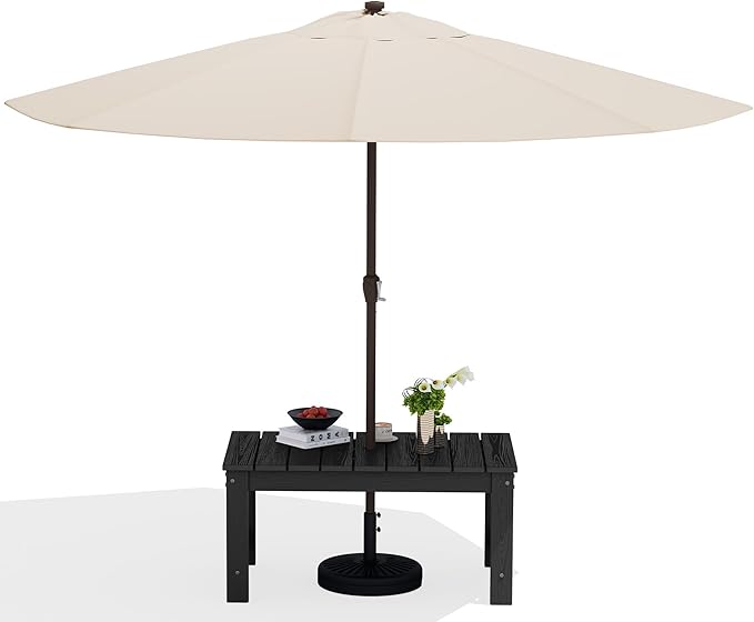 SERWALL Outdoor Coffee Table with 9FT Umbrella, HDPE Patio Coffee Table for Outside, Rectangle, Black(Not Include Umbrella Base)