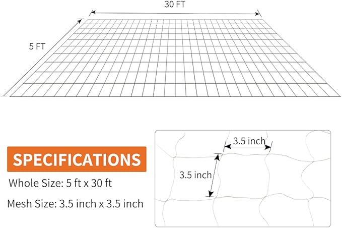 Tcamp Heavy-Duty Polyester Garden Trellis Net Plant Support Netting for Climbing Plants Outdoor, Flexible String Net for Bean Pea, White Grow Tent (5Ft x 30Ft, 3.5" Opening Mesh, 1 Pack)