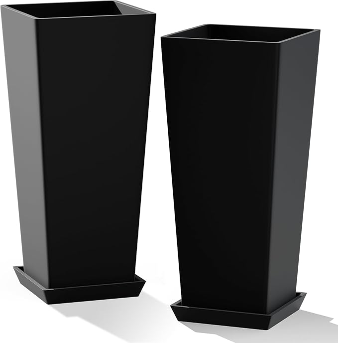 24" Set of 2 Tall Black Planters for Outdoor Plants, Large Flower Pots Planters with Drainage Holes & Tray, Modern Indoor Tapered Planter for Front Porch
