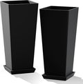 24" Set of 2 Tall Black Planters for Outdoor Plants, Large Flower Pots Planters with Drainage Holes & Tray, Modern Indoor Tapered Planter for Front Porch