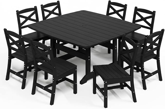 Outdoor Dining Set, HDPE 9-Piece Patio Table and Chairs Set, All-Weather Outdoor Dining Table Set for 8 with Umbrella Hole, Durable Patio Furniture Set with Chairs,Black