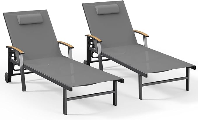 Ciokea Outdoor Lounge Chair with Pillow Set of 2, 5-Position Aluminum Chaise Lounge with Wheels & Armrests, 400 lbs Heavy Duty Patio Pool Chair for Backyard, Deck, Beach & Poolside, Grey
