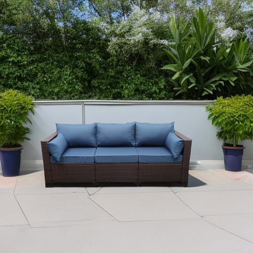 Rattaner 3-Seat Patio Wicker Sofa, Outdoor Rattan Couch Furniture Steel Frame with Furniture Cover and Deep Seat High Back, Blue Anti-Slip Cushion.