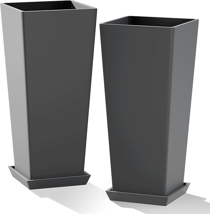 Set of 2 Tall Planters with Drainage Tray, 24 Inch Large Flower Pots for Indoor Outdoor Plants Mordern Planter Weather-Resistant for Patio, Front Door Decor, Garden (Gray)