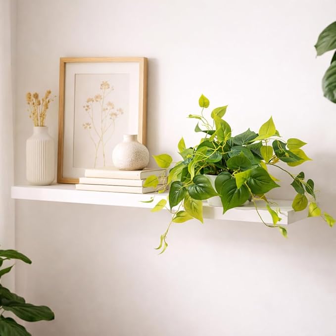 alyptus Fake Pothos Hanging Plants – Set of 2 Faux Ivy Vines Realistic Silk Devil’s Ivy for Indoor Décor, Low Maintenance Artificial Greenery for Home Bathroom or Office - Green with White Pots