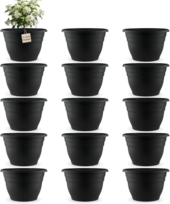 15 Pack 11 Inch Plant Pots with Drainage Holes,Black Plastic Flower Pots with Hanging Holes,Durable Planters for Indoor & Outdoor Plants,Nursery Pots