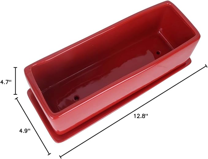 Vencer 12 Inch Rectangular Modern Minimalist Ceramic Succulent Planter Pot - Window Box with Saucer,Office Desktop Potted Stand,Red,VF-0135R