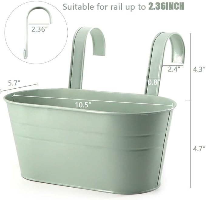3 Pack Metal Railing Planters, 10.5" Oval Hanging Flower Pots with Detachable Hooks & Drainage Holes, Fits Rails up to 2.36", Galvanized Iron Fence Bucket for Balcony Garden Patio - Blue