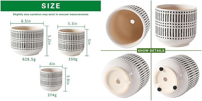 Docrin 3-Pack Ceramic Planters Set - 6.5"+5.3"+4" Dual-Tone Flower Pots with Drainage Holes, Modern Indoor Outdoor Planters for Succulents/Herbs/Large Plants, Home Office (Brownish Black & White)