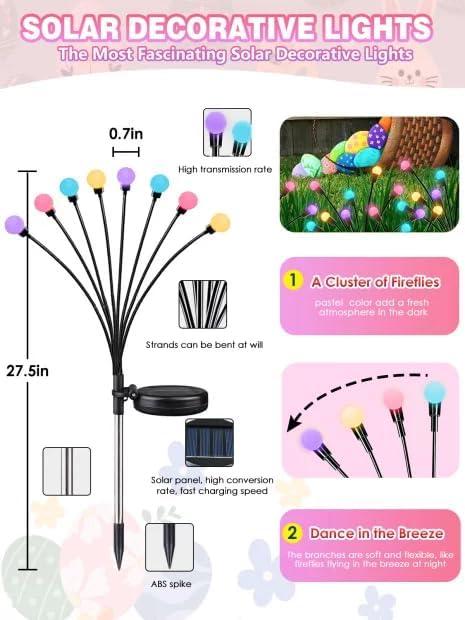 Albelt Easter Day Decorations Outdoor, 6 Pack Solar Firefly Lights Outdoor, 48 LED Waterproof Pastel Solar Garden Lights with 2 Modes for Easter Day Spring Yard Patio Pathway Decorations (Multicolor)