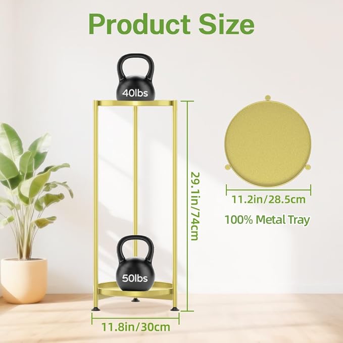 iDavosic.ly 2 Tier Corner Plant Stand Indoor, Tall Vertical Metal Flower Heavy Duty Pot Holder Shelf Outdoor for Patio Porch Living Room, Gold - Round