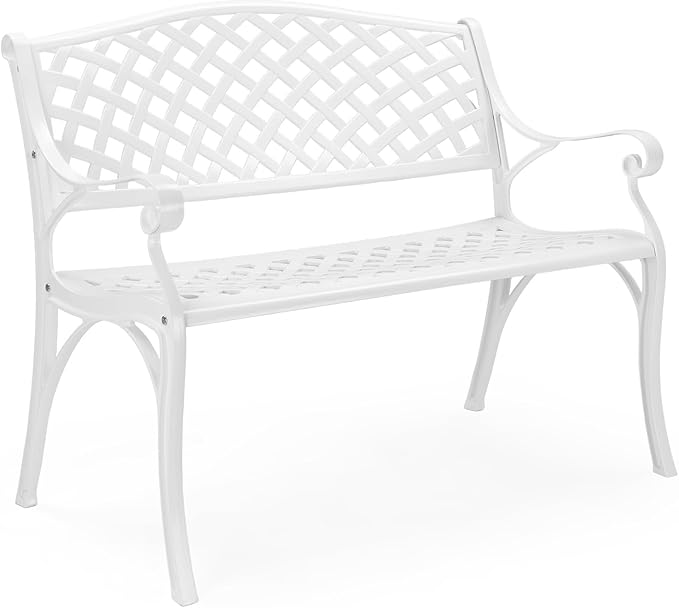 VINGLI 40.5" Patio Garden Bench,Anti- Rust Cast Iron Cast Aluminum Frame for Outdoor Path Yard Lawn Work Entryway Decor Deck (White)