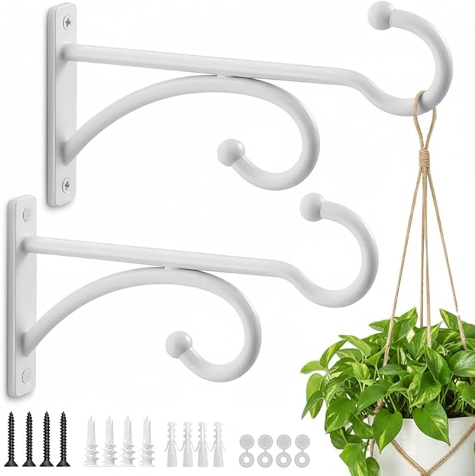 2Pack 6 Inch Plant Hangers for Hanging Baskets, Hanger for Indoor and Outdoor Plant Pots Holder, Wall Hook for Planters, Flower Basket, Wind Chimes, Lantern, Light, Bird Feeder, Home Décor-White