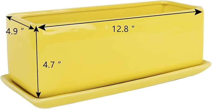 Vencer 12 Inch Rectangular Modern Minimalist Ceramic Succulent Planter Pot - Window Box with Saucer,Office Desktop Potted Stand,Yellow,VF-0135Y
