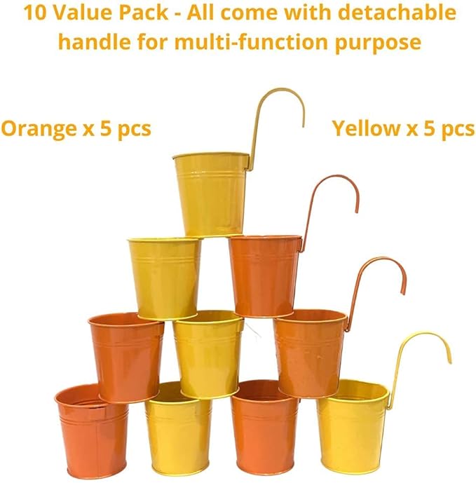 LaLaGreen Railing Planter - 10 Pack, 4 Inch Hanging Wall Herb Planters for Outdoor Plants Orange Metal Hanging Flower Pot Yellow Deck Planters Outdoor Rail Garden Balcony Porch Macetas Colgante Pared
