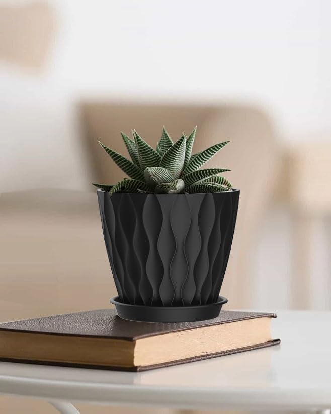 6 Inch Plant Pots, 6 Pack Indoor Flower Pots, Planters with Drainage Holes and Trays for Orchids, Violets, Succulents, Herbs, and Other Plants, Black