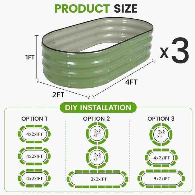 G GOOD GAIN Galvanized Metal Raised Garden Bed Kit - 4x2x1FT Outdoor Planter Box with Safety Edging and Gloves for Vegetables, Fruits, Flowers(Olive Green, 3PC)