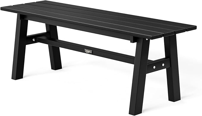 VINGLI 47” Outdoor HDPE Bench, Weatherproof Garden Bench w/Metal Legs, Poly Lumber Porch Benches, 660 LBS Capacity Outdoor Backless Patio Benches for Entryway Deck (Black)