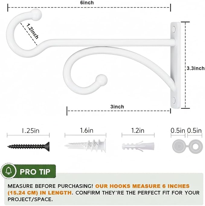 2Pack 6 Inch Plant Hangers for Hanging Baskets, Hanger for Indoor and Outdoor Plant Pots Holder, Wall Hook for Planters, Flower Basket, Wind Chimes, Lantern, Light, Bird Feeder, Home Décor-White