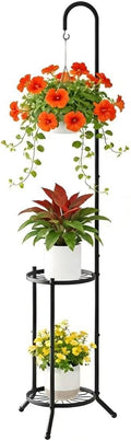 2-Tier Hanging Plant Stand Indoor and Outdoor , Space-Saving Iron Planter Shelves, Multiple Flower Pot Display Holder Shelf with Hanging Hook, Corner Plant Stands (Black)