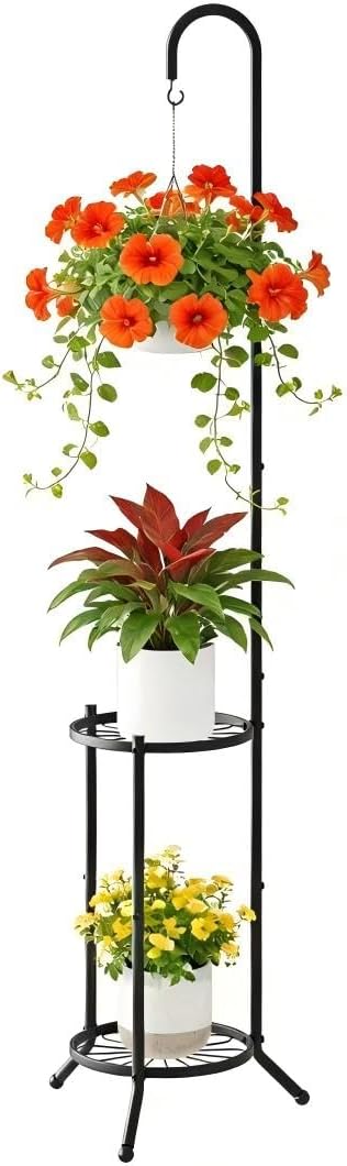 2-Tier Hanging Plant Stand Indoor and Outdoor , Space-Saving Iron Planter Shelves, Multiple Flower Pot Display Holder Shelf with Hanging Hook, Corner Plant Stands (Black)