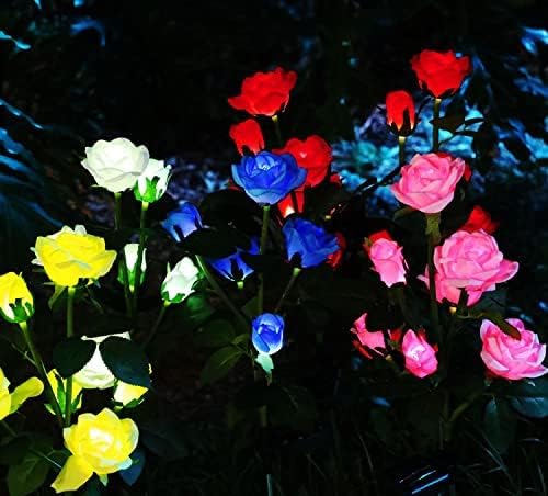 Outdoor Realistic Solar Powered Rose Flower Lights Stake,2 Pack 10 Rose Solar Garden Decorative Waterproof Lights for Backyard Patio Pathway Xmas Decoration-Blue