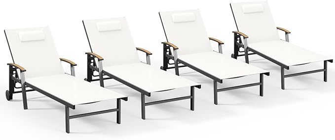 Ciokea Outdoor Lounge Chair with Pillow Set of 4, 5-Position Chaise Lounge with Wheels & Armrests, 400 lbs Heavy Duty Aluminum Pool Lounge Chairs, for Beach, Deck, Poolside & Backyard, White