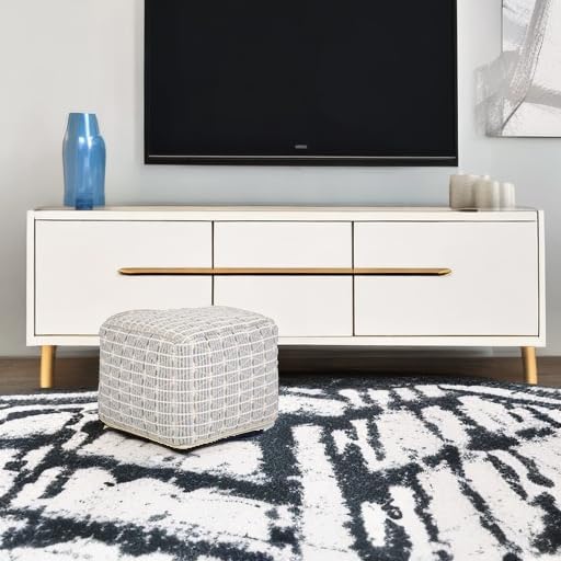SIMPLIHOME Noreen Square Pouf - 18 inch Wide Upholstered Handwoven Cotton Ottoman in Light Blue and White, Boho Footstool or Extra Seating for Living Room with Polystyrene Filling, Assembled