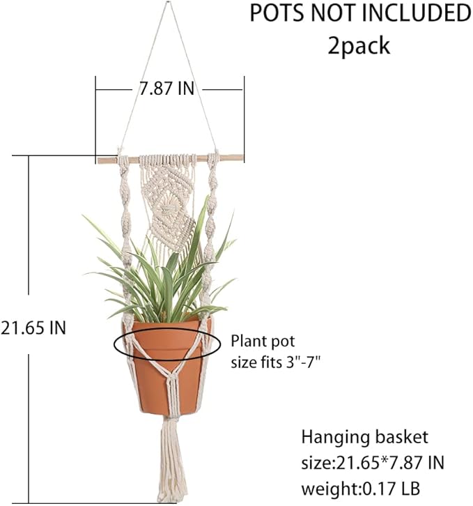 Artilady Boho Macrame Plant Hangers - Handmade Hemp Rope Hanging Baskets for Plants with Ceiling Hooks, Bohemian Home Decor Wall Art (White Wood Hanger-2pcs)