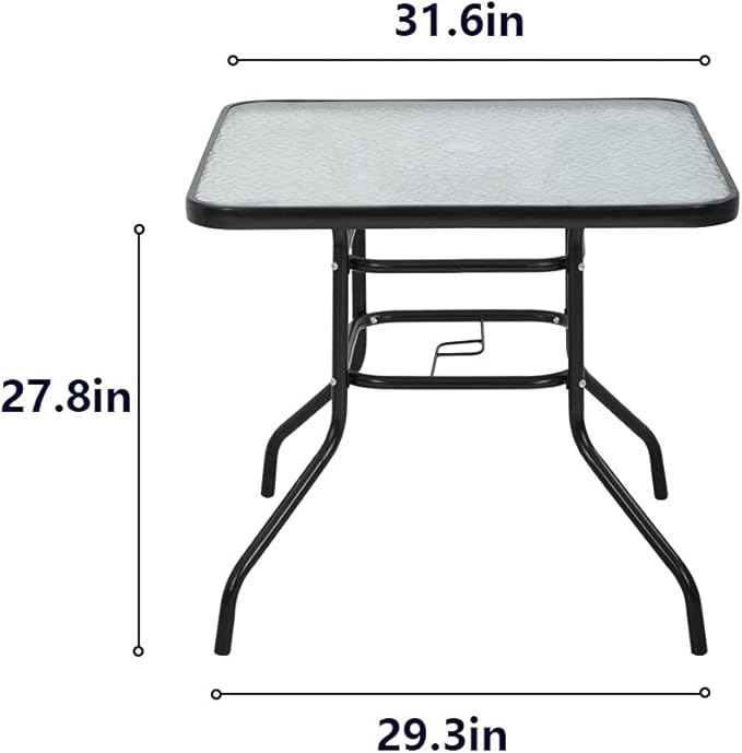 Outdoor Table Patio Table Dining Table with Tempered Glass Umbrella Hole for Lawn Balcony, Yard (Square)