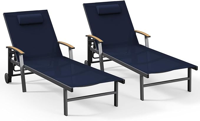 Ciokea Outdoor Lounge Chair with Pillow Set of 2, 5-Position Aluminum Chaise Lounge with Wheels & Armrests, 400 lbs Heavy Duty Patio Pool Chair for Backyard, Deck, Beach & Poolside, Navy Blue