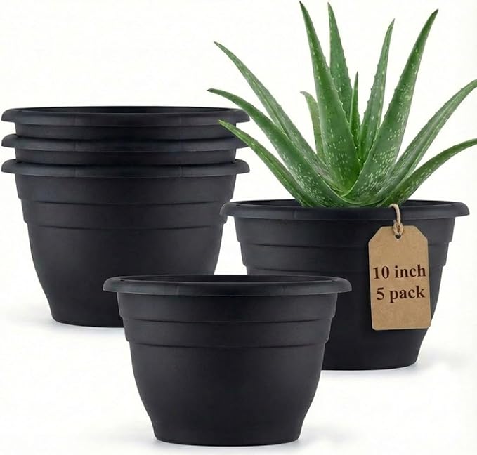 5 Pack 10 Inch Plant Pots Plastic Planters with Drainage Holes & Plugs,Lightweight Flower Pots for Indoor Outdoor Plants,Flowers,Monstera,Snake Plant,Home Garden(Black)